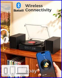 Vinyl Record Player with 4+2 External Stereo Speakers, Black (6 Speakers)