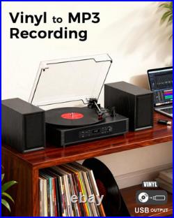 Vinyl Record Player with 4+2 External Stereo Speakers, Black (6 Speakers)