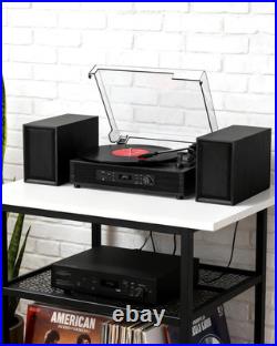 Vinyl Record Player with 4+2 External Stereo Speakers, Black (6 Speakers)
