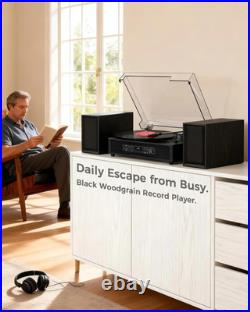 Vinyl Record Player with 4+2 External Stereo Speakers, Black (6 Speakers)