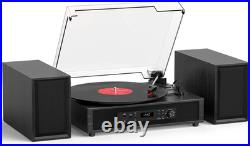 Vinyl Record Player with 4+2 External Stereo Speakers, Black (6 Speakers)