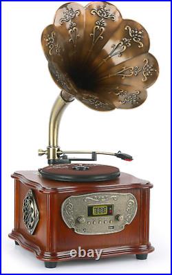 Wooden Phonograph Gramophone Turntable Vinyl Record Player Speakers Stereo Syste